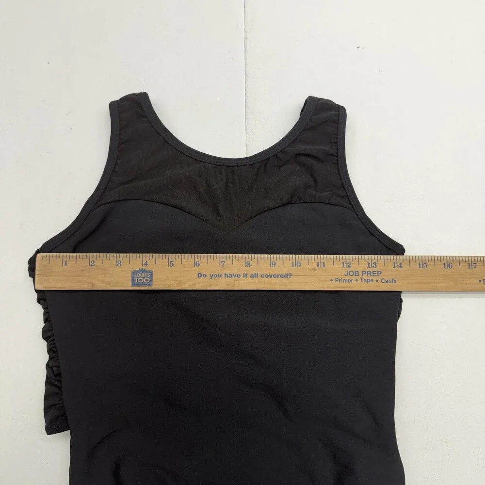 Every Turn Renew Leotard Girls 16 Black Sleeveless Mesh Ruched Back Dancewear